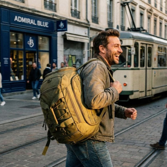 homme en ville avec son sac à dos convertible