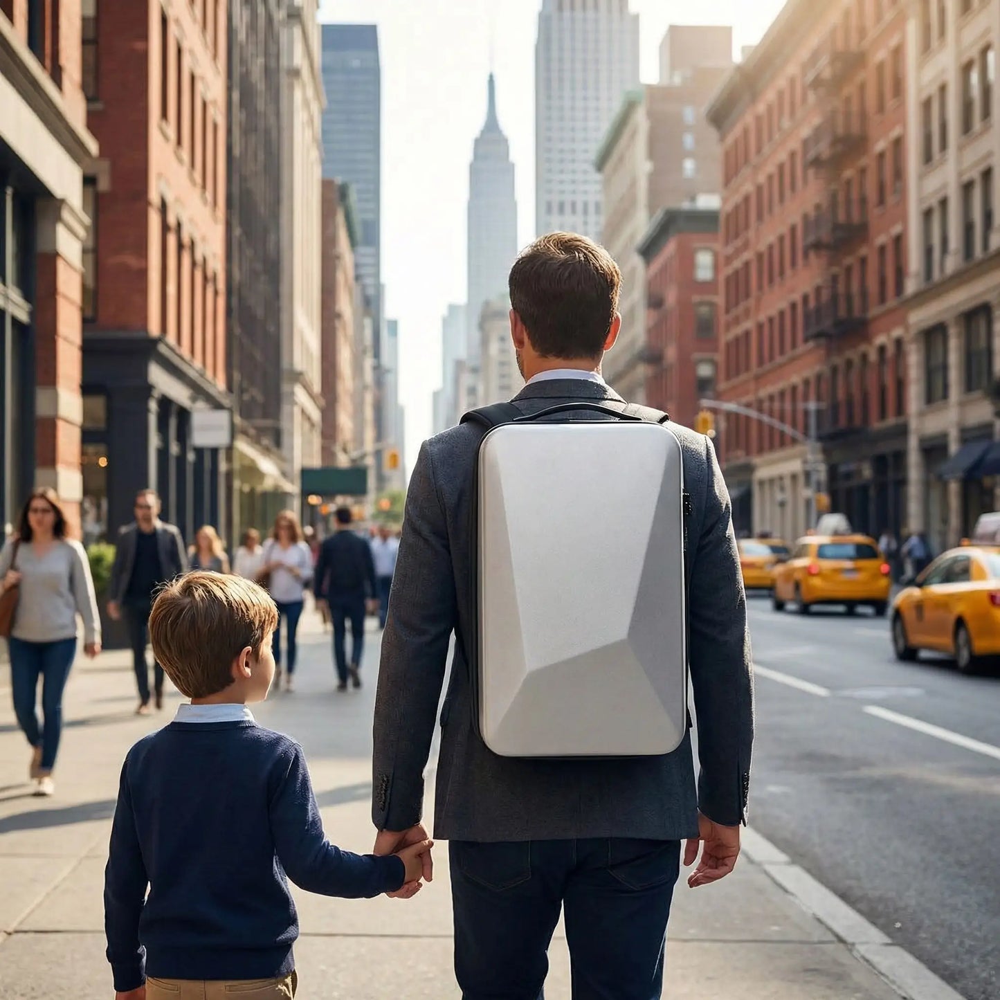 homme et son fils en ville avec  sac a dos coque antivol