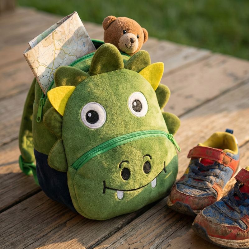 sac a dos enfant 3 ans posé sur une terasse