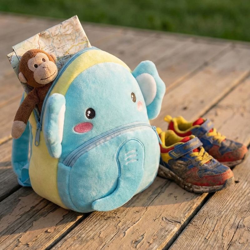 sac a dos enfant 3 ans éléphant bleu sur une terrasse