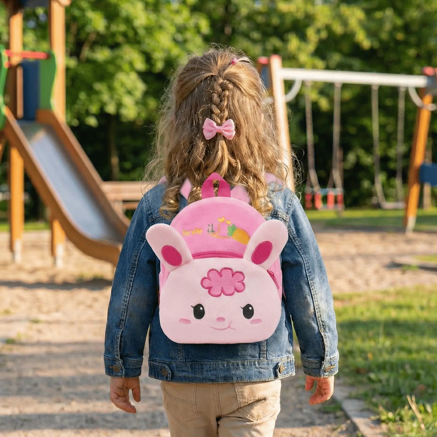 petite fille marche avec son sac a dos enfant 3 ans lapin rose