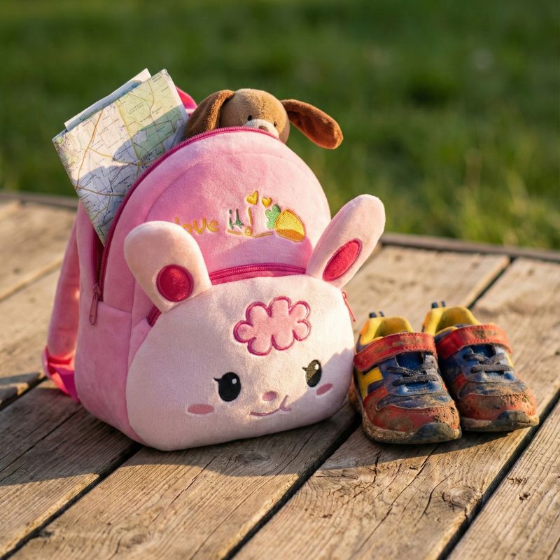 sac a dos enfant 3 ans posé sur une terasse