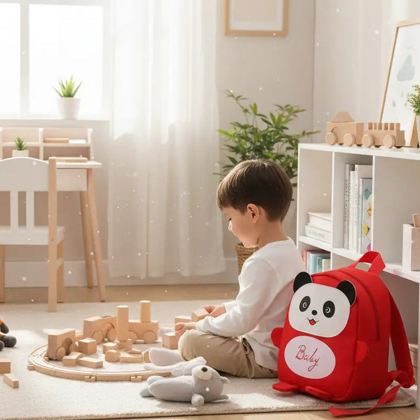 enfant dans sa chambre avec sac a dos enfant bebe panda