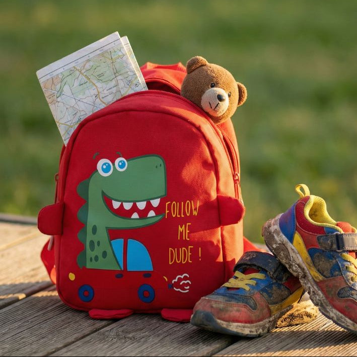 sac a dos enfant dino mignon sur une terrasse
