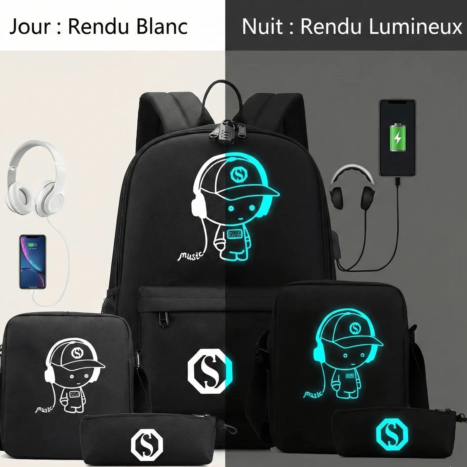 Comparaison du rendu du sac a dos enfant lumineux jour et nuit