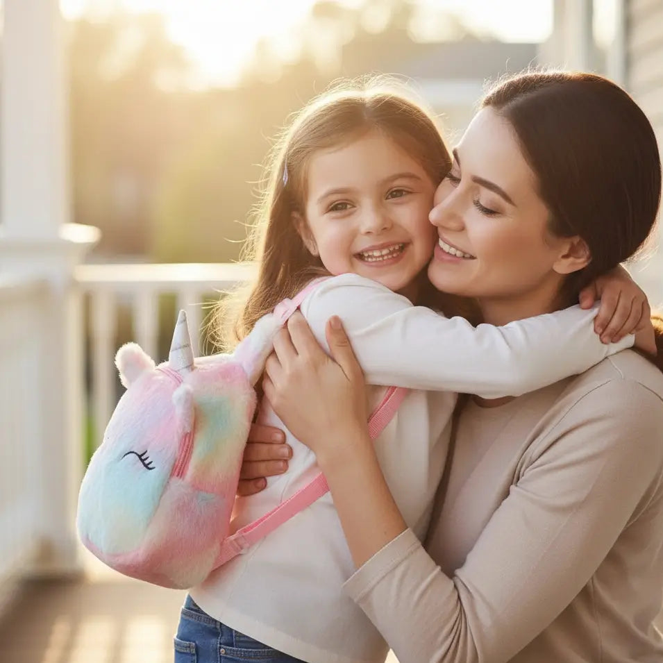 fille avec sac a dos licorne embrasse sa maman