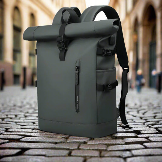 sac a dos roll top backpack avec port usb design gris