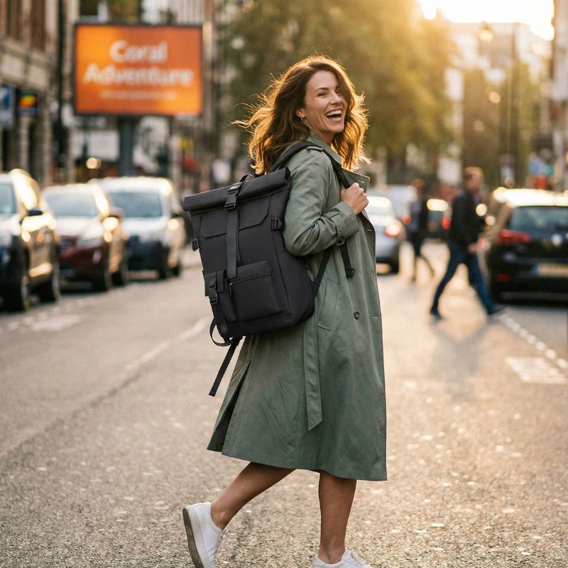 Femme souriante en ville avec sac a dos roll top