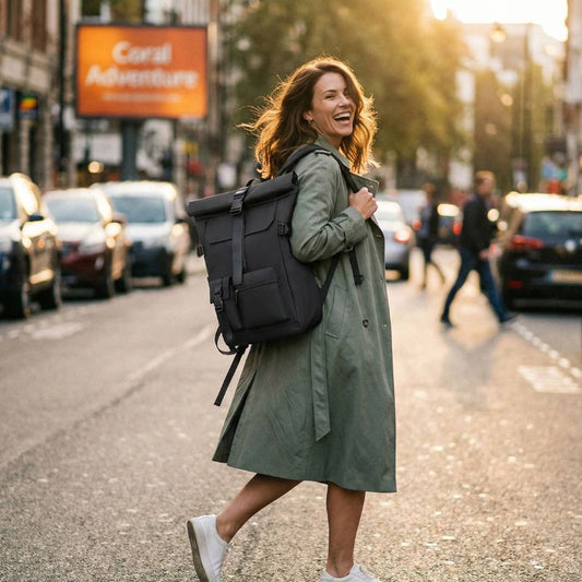 Femme souriante en ville avec sac a dos roll top