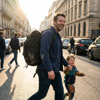 homme avec sac a dos roll top noir et son fils en balade en ville