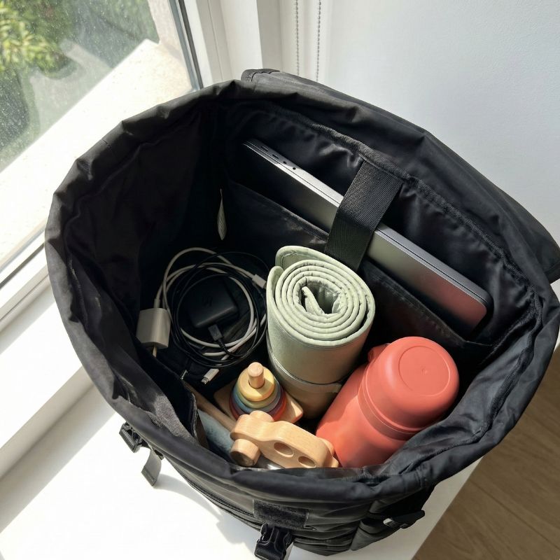 sac a dos roll top noir rempli vu du haut