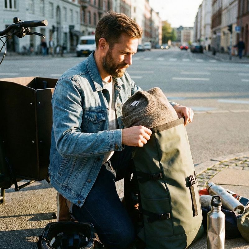 homme organise son sac a dos roll top imperméable