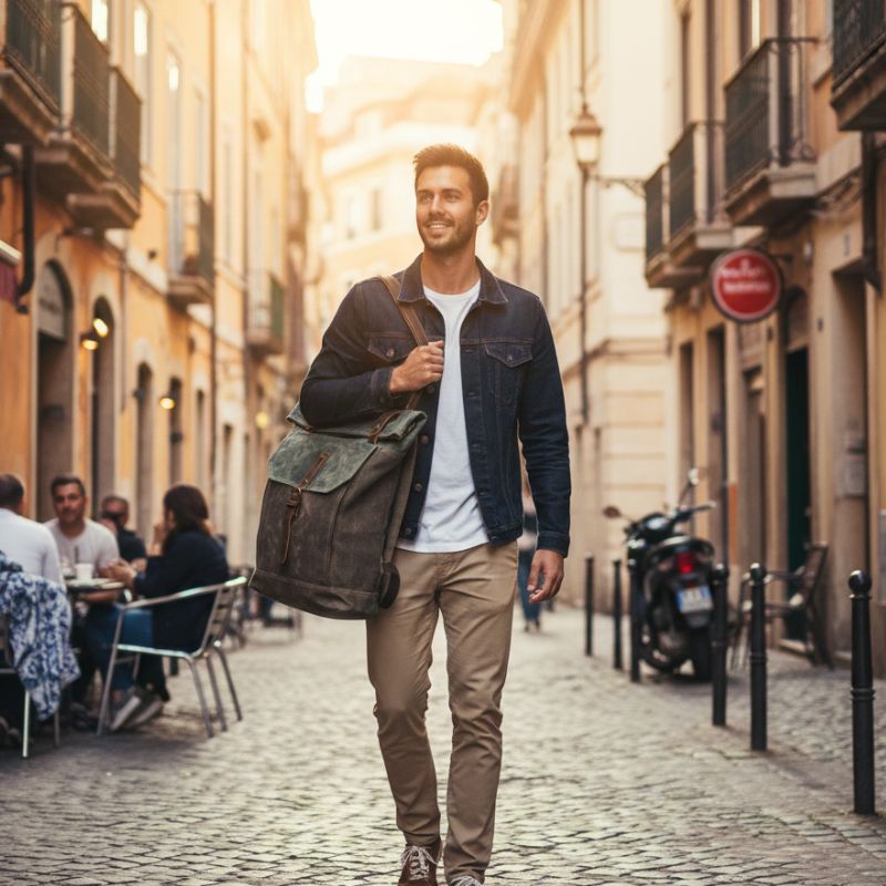 city trip avec un sac à dos roll top vintage confortable