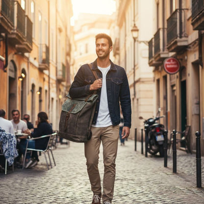 city trip avec un sac à dos roll top vintage confortable