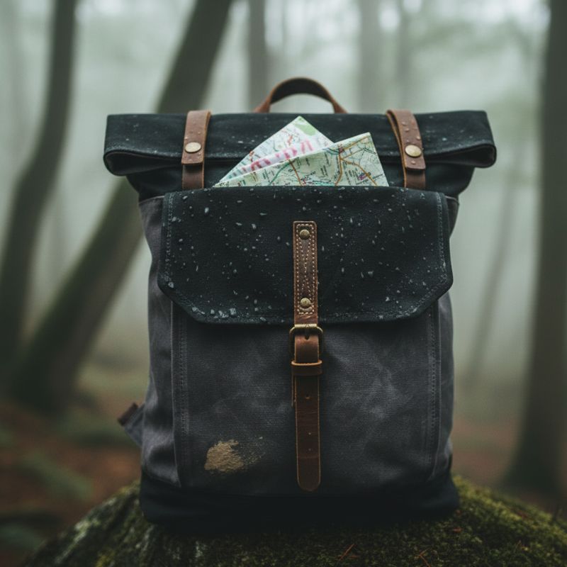 sac à dos roll top vintage noir posé