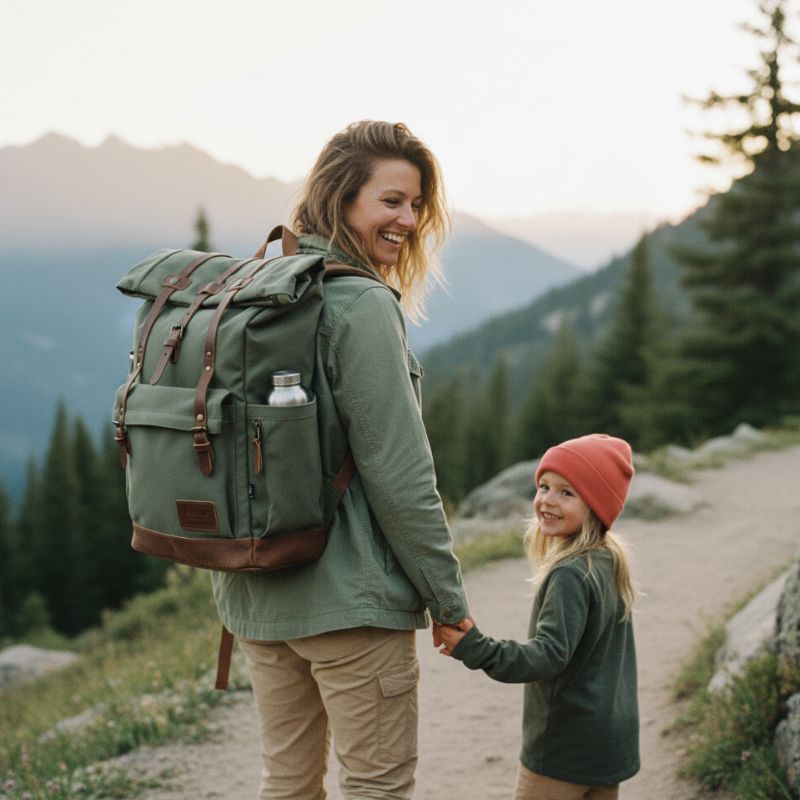 maman en randonnée avec un sac à dos roll top vintage