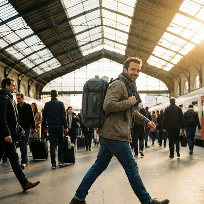 homme souriant marche avec sac a dos valise cabine au dos