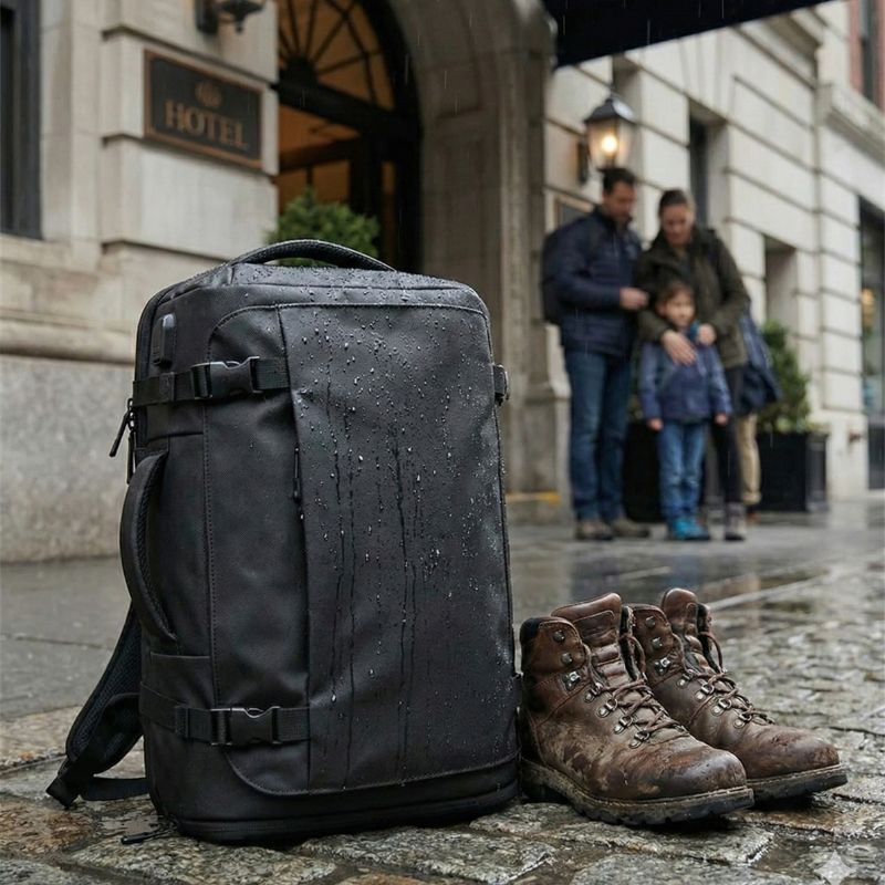 sac a dos valise cabine au dos posé dehors sous la pluie