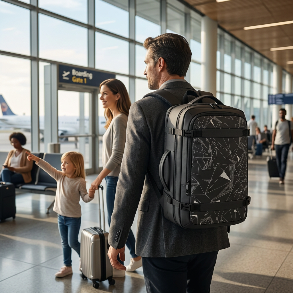 Sac à dos valise cabine graphique noir porté par un homme
