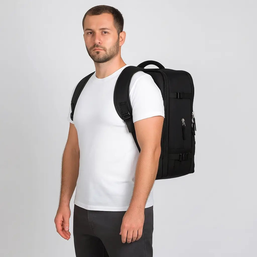 homme avec sac a dos valise voyagezen noir