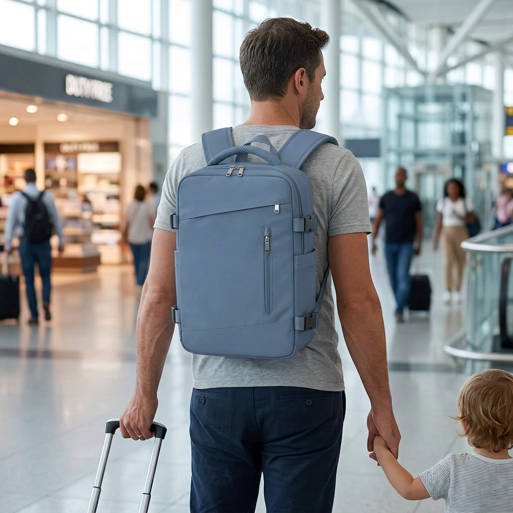 sac a dos voyage avion Aerocompact bleu porté par un père avec son enfant à l’aéroport
