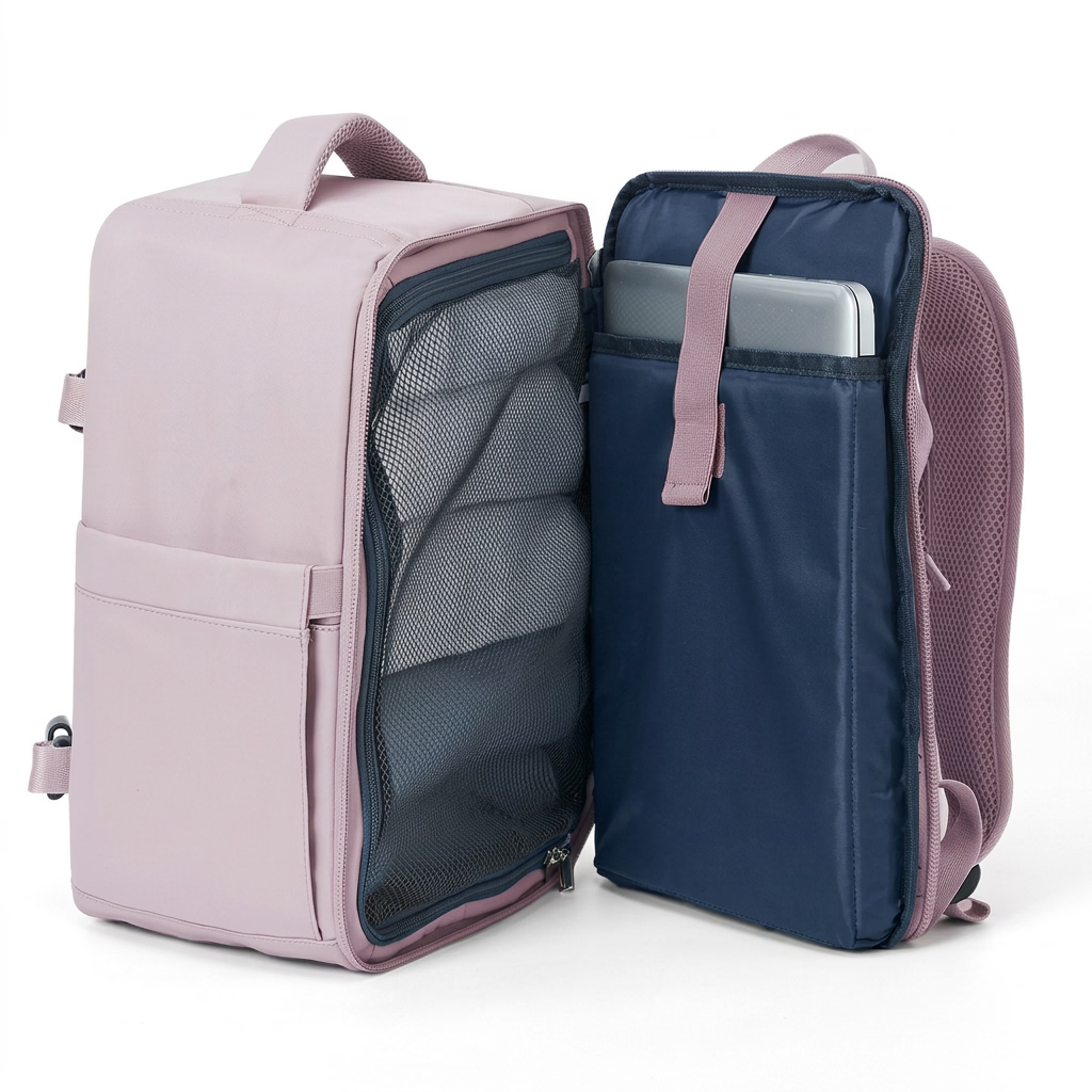 sac a dos voyage avion Aerocompact rose ouvert avec compartiment pour ordinateur et poche filet