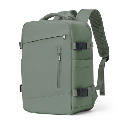 sac a dos voyage avion Aerocompact vert, vue de trois quarts avec sangles latérales