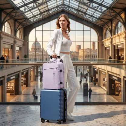 sac a dos voyage avion Aerocompact violet posé sur une valise avec une voyageuse