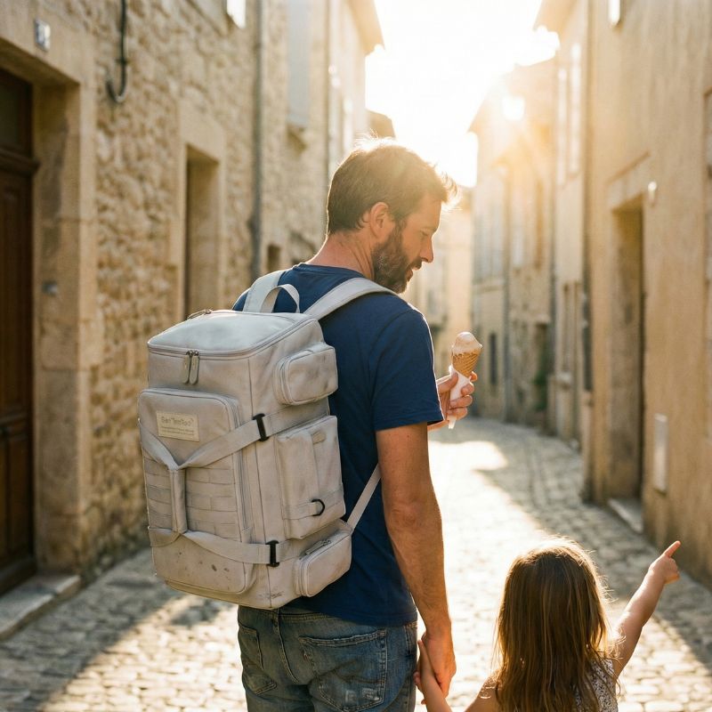homme avec un sac a dos voyage multi compartiments mange une glace