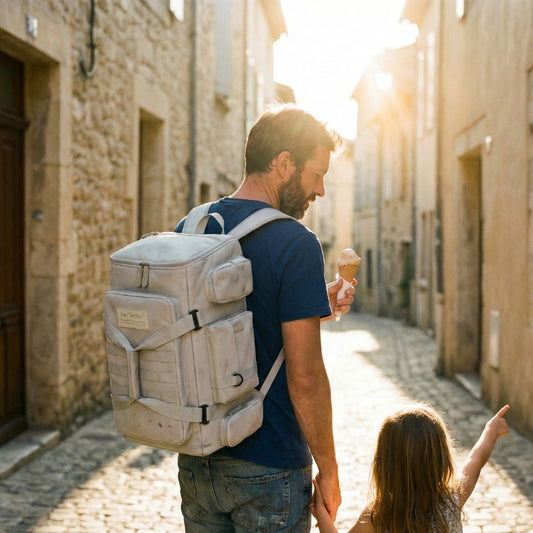 homme avec un sac a dos voyage multi compartiments mange une glace
