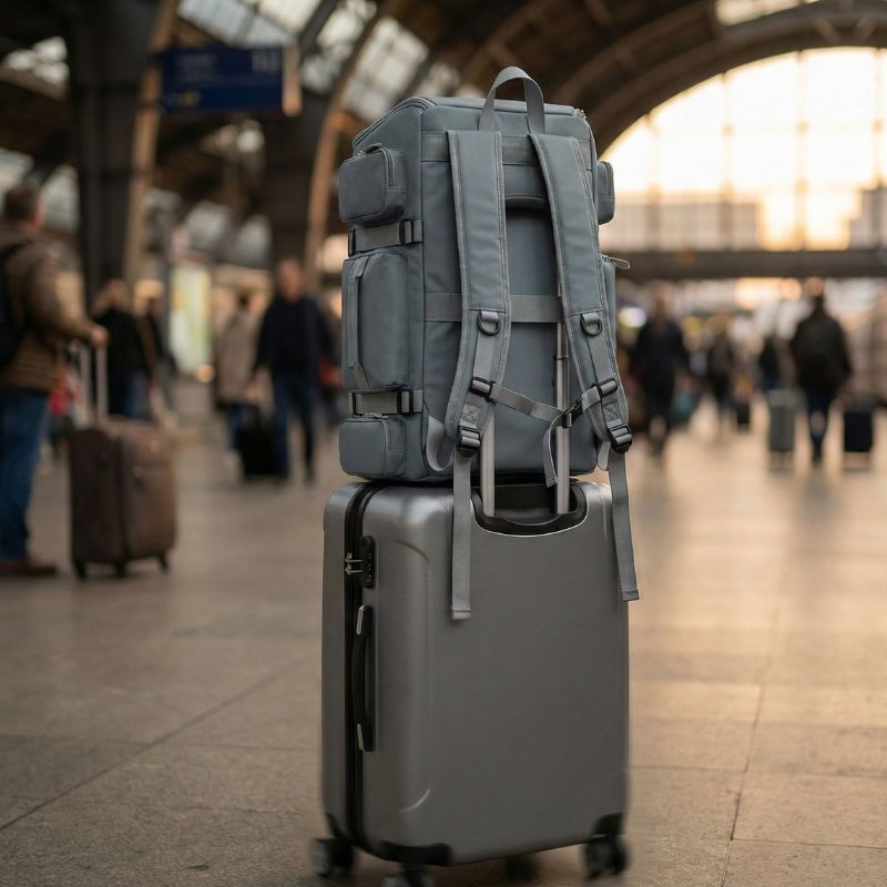 sac a dos voyage multi compartiments sur une valise