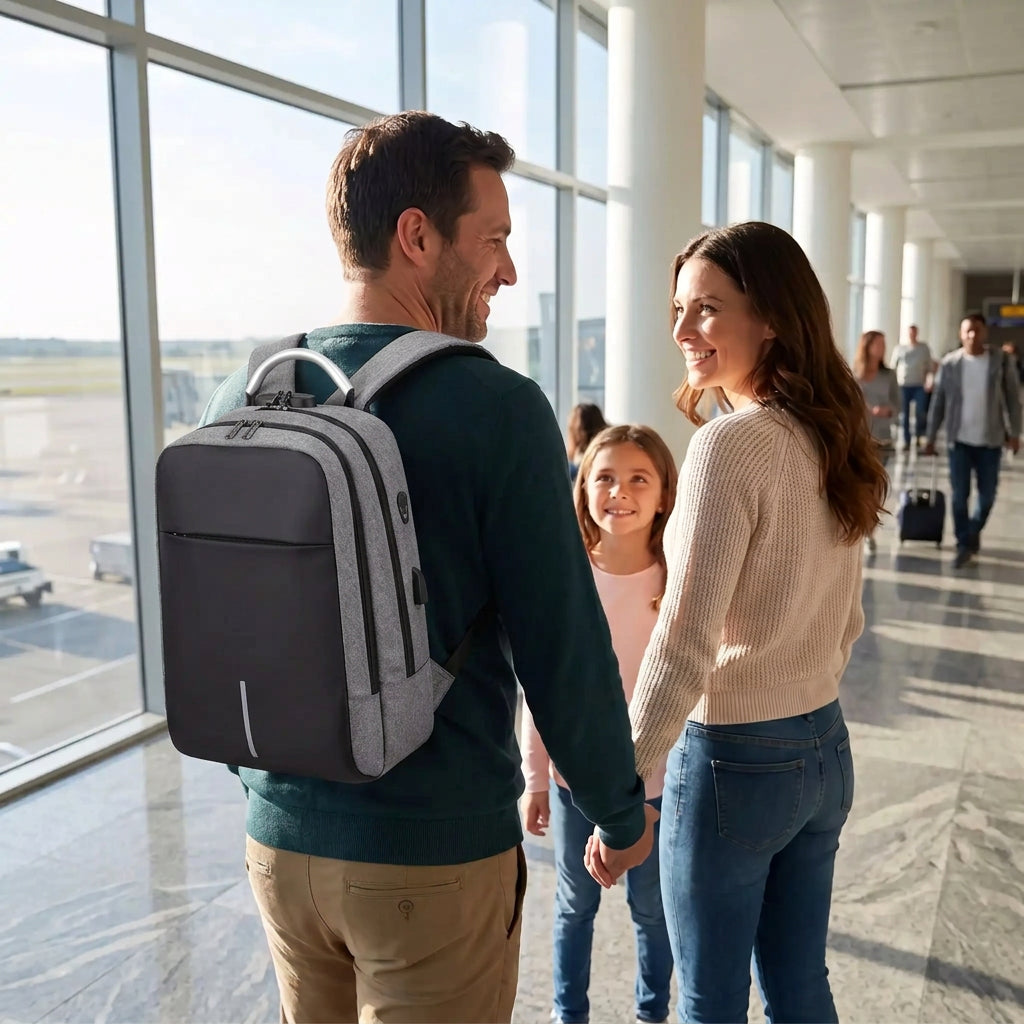 Papa portant un sac avion cabine gris et noir dans un aéroport avec sa famille