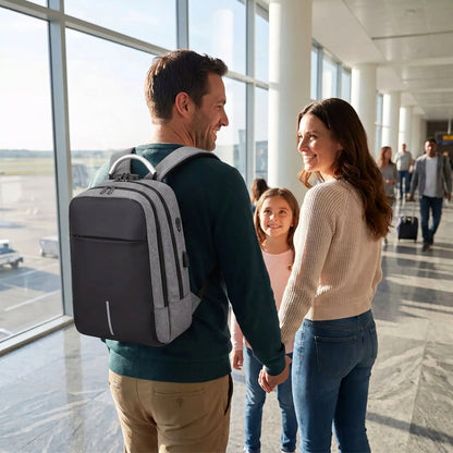 Papa portant un sac avion cabine gris et noir dans un aéroport avec sa famille