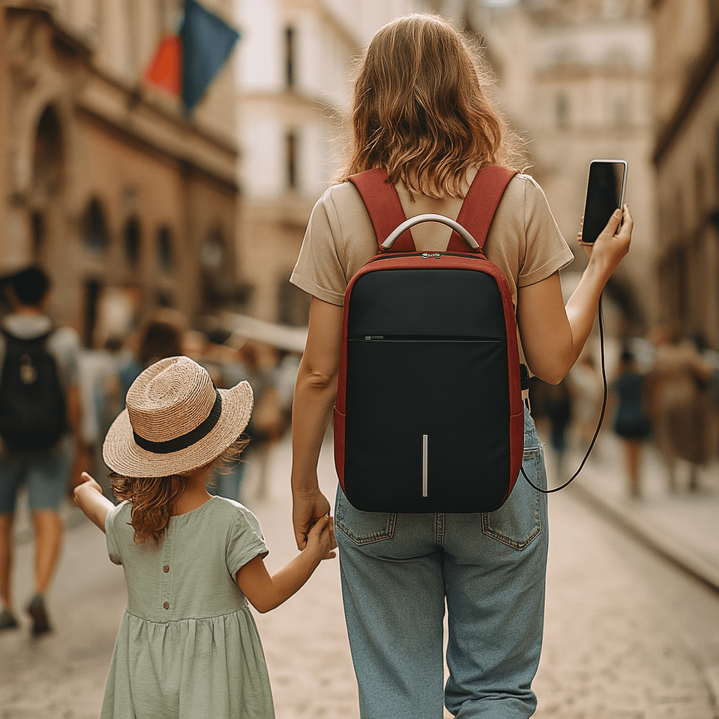 Maman portant un sac avion cabine noir et rouge en ville, téléphone à la main et enfant à ses côtés