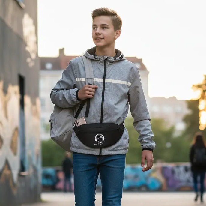 ado en ville avec sac banane ado garçon