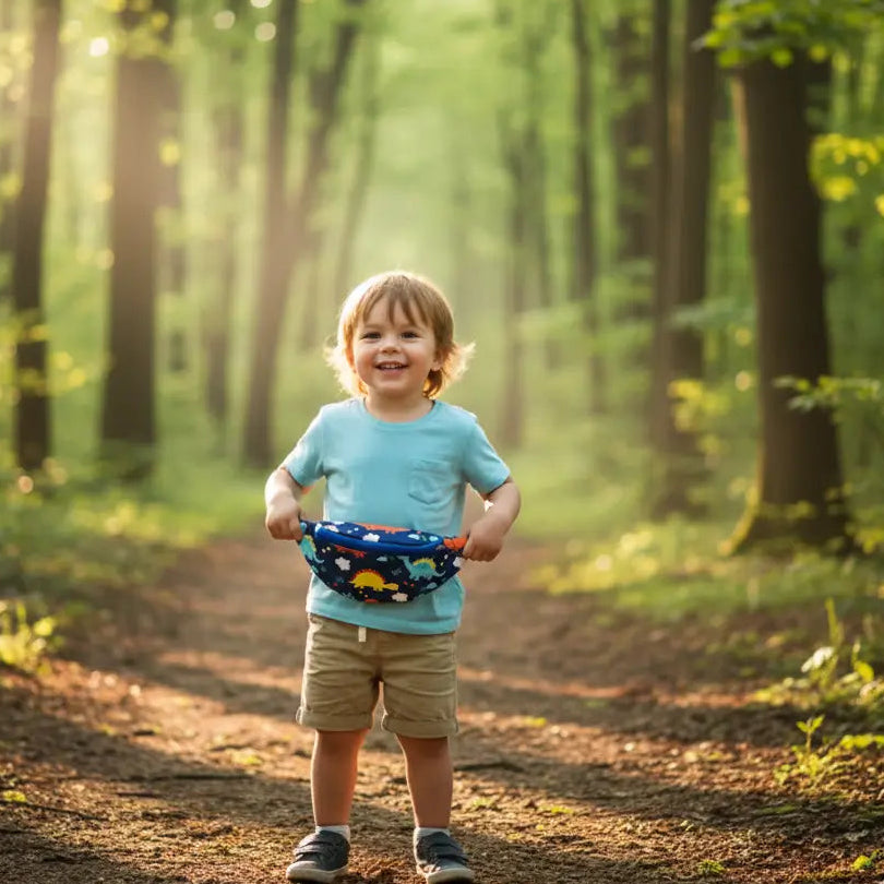 garçon en forêt avec son sac banane enfant