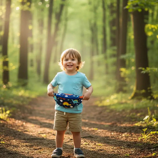 garçon en forêt avec son sac banane enfant