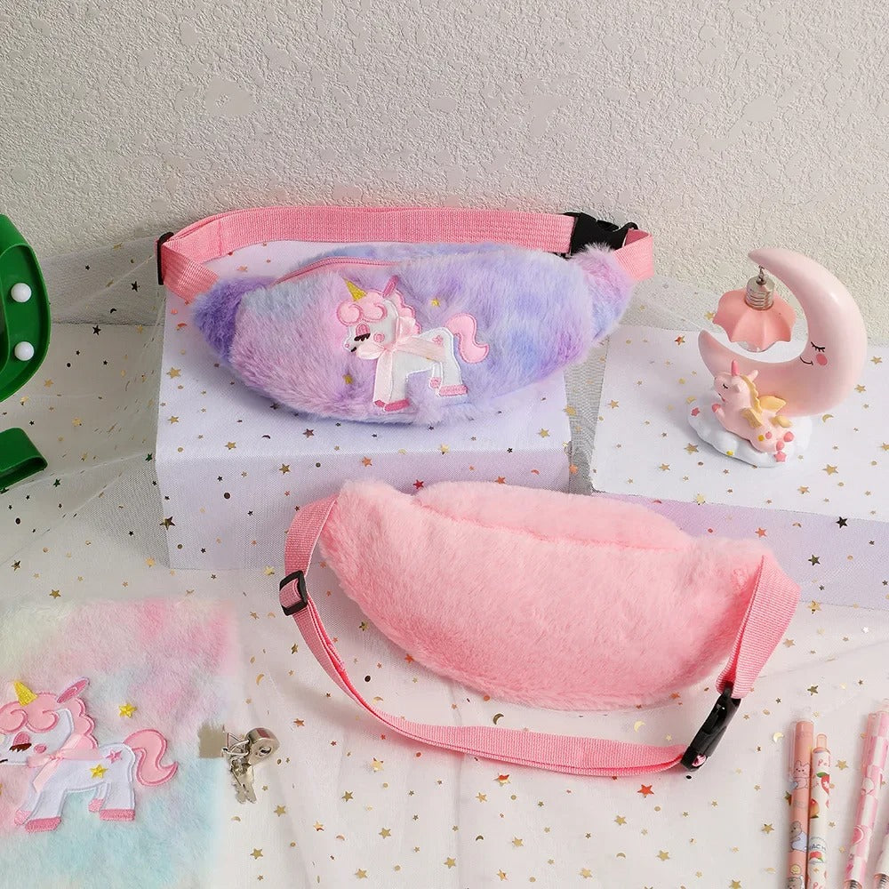 sac banane enfant fille coloree peluche rose et violet
