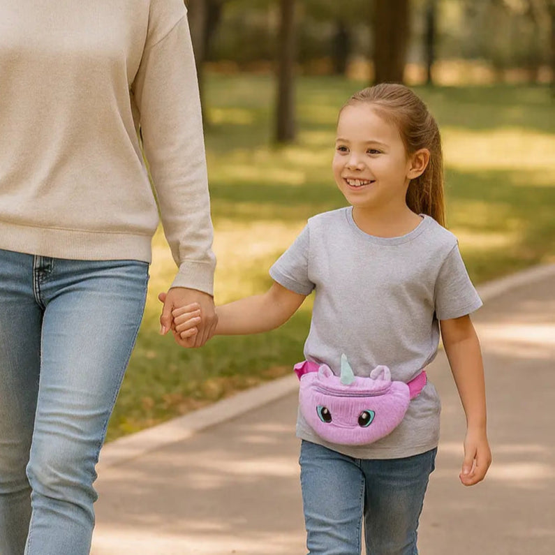maman et fille avec sac banane fillette licorne