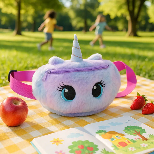 sac banane fillette licorne bleu dans un parc