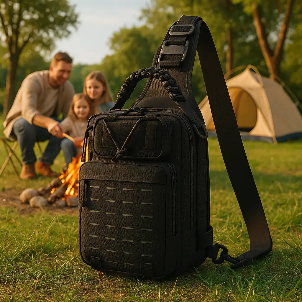 sac bandoulière homme randonnée et camping devant famille