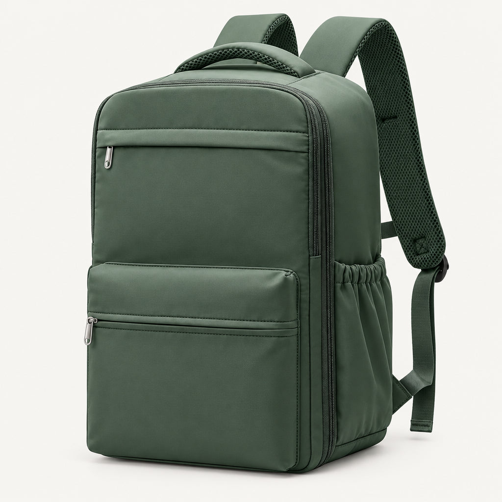 sac a dos avion cabine compressible vert vu de trois quarts sur fond clair