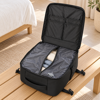 Sac cabine noir ouvert sur un banc, avec des vêtements dans le compartiment de compression.