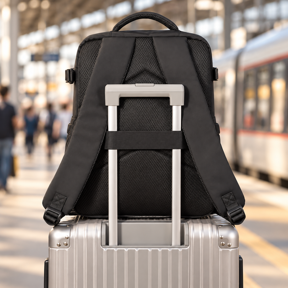 Dos du sac noir fixé à la poignée d’une valise grâce à sa sangle de passage trolley.