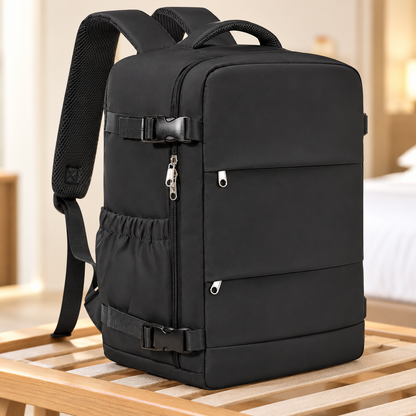 Sac cabine à compression noir vu de trois quarts sur un banc en bois.
