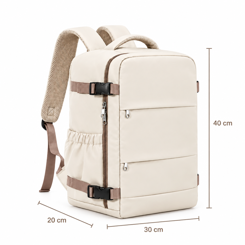 Sac cabine compression nomade beige vu de trois quarts avec repères de dimensions 40 × 30 × 20 cm.