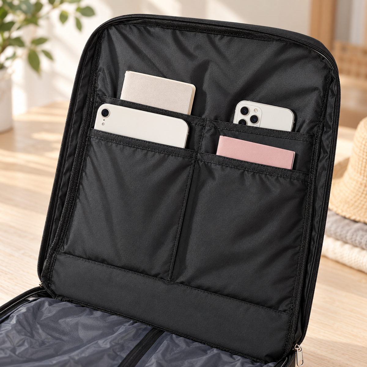 Détail des poches intérieures du sac noir contenant des appareils mobiles et des carnets.