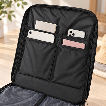Détail des poches intérieures du sac noir contenant des appareils mobiles et des carnets.