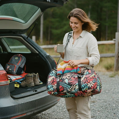 femme devant voiture avec sac a dos motif floral