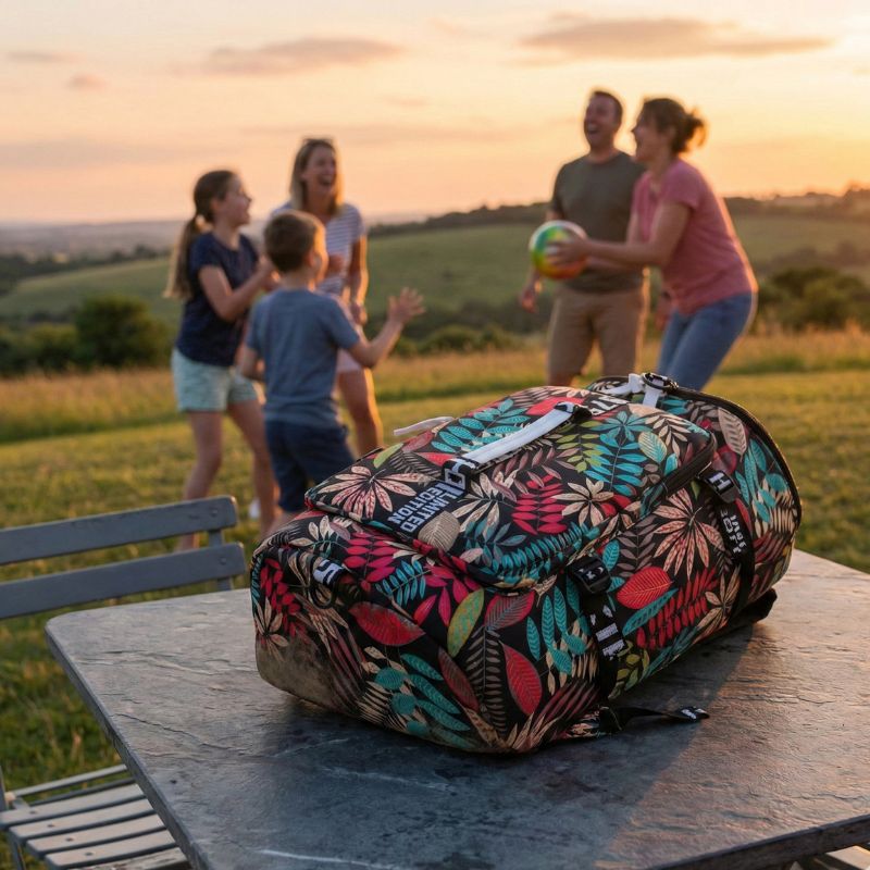 sac convertible en sac a dos motif floral posé sur une table avec famille en arriere plan